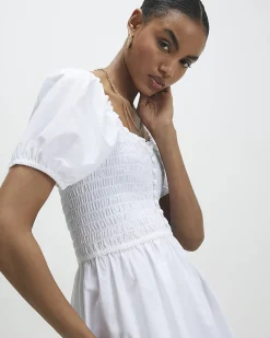 White Cotton Puff Sleeve Shirred Mini Dress