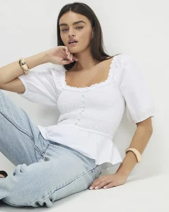 White Cotton Puff Sleeve Shirred Top