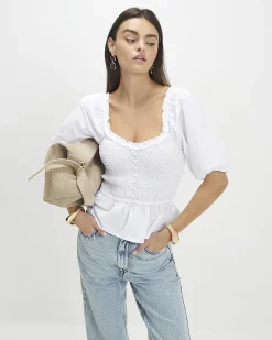 White Cotton Puff Sleeve Shirred Top