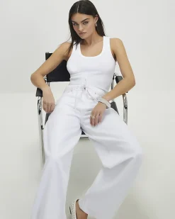 White Cotton Ribbed Scoop Neck Vest Top