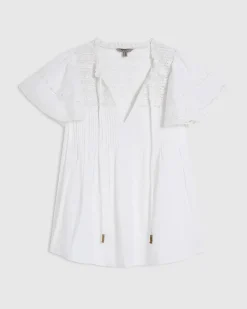 White Cotton Ruffle Short Sleeve Lace Blouse