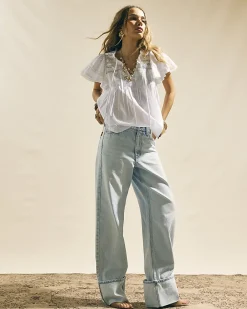 White Cotton Ruffle Short Sleeve Lace Blouse