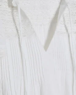 White Cotton Ruffle Short Sleeve Lace Blouse