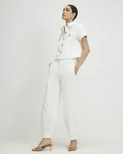 White Cotton Sateen Barrel Leg Trousers