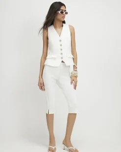 White Cotton Sateen Capri Trousers