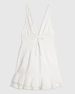 White Cotton Shirred Waist Mini Dress