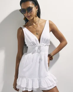 White Cotton Shirred Waist Mini Dress
