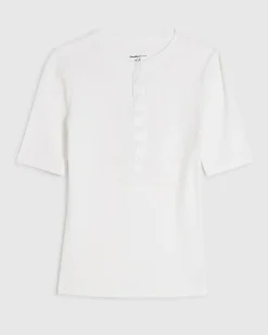 White Cotton Short Sleeve Ribbed Popper Top