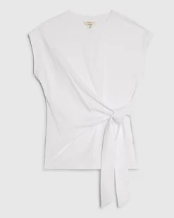White Cotton Short Sleeve Tie Side T-shirt