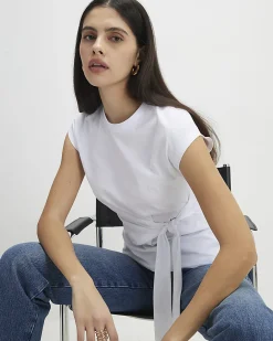 White Cotton Short Sleeve Tie Side T-shirt