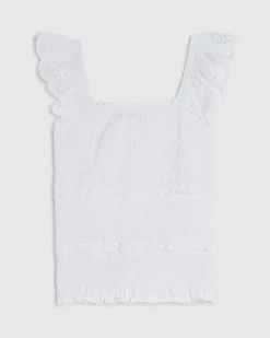White Cotton Sleeveless Shirred Broderie Top