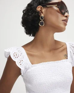 White Cotton Sleeveless Shirred Broderie Top
