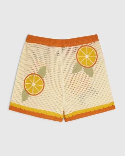 White Crochet Knit Orange Patch Shorts