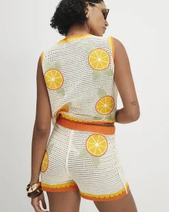 White Crochet Knit Orange Patch Shorts