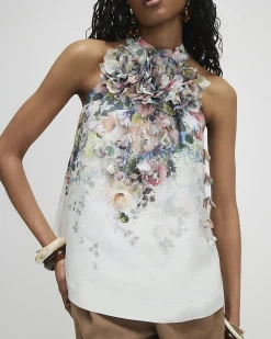 White 3D Floral Sleeveless Blouse