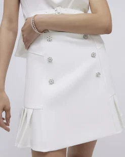 White Diamante Pleated Mini Skirt