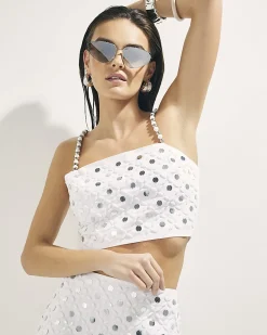 White Embellished Crop Top