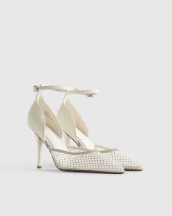 White Embellished Mesh Court Heels