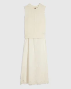 White Embroidered Hem Knitted Hybrid Dress