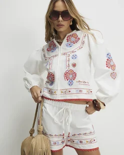 White Embroidered Long Sleeve Blouse