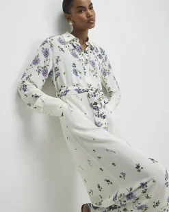 White Floral Midi Shirt Dress
