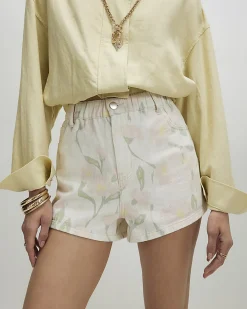 White Floral Print Elasticated A Line Shorts