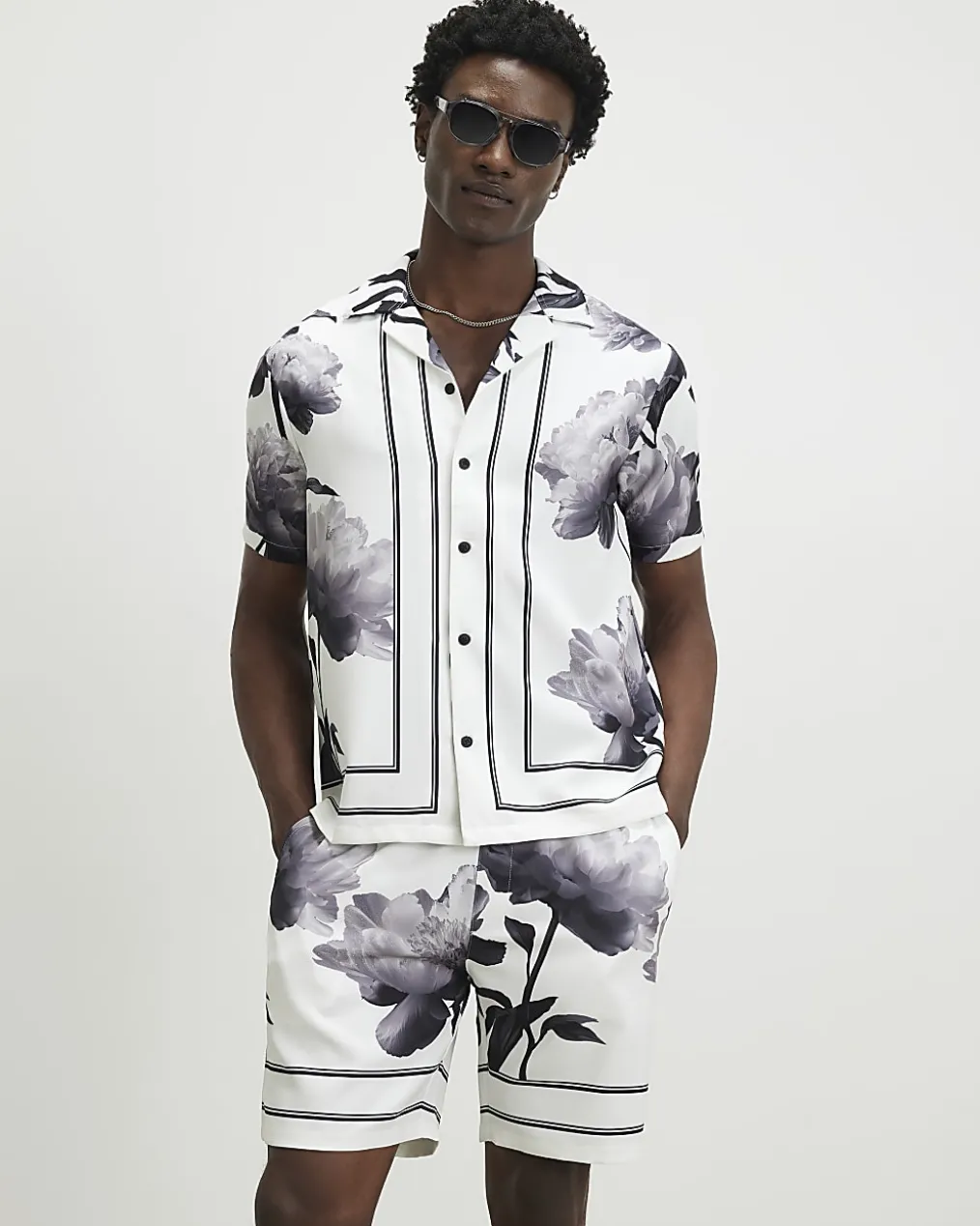 White Floral Print Shirt & Short Set