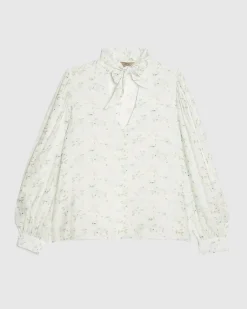 White Floral Pussybow Blouse