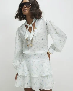White Floral Pussybow Blouse