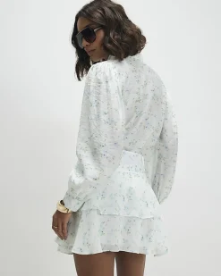 White Floral Pussybow Blouse