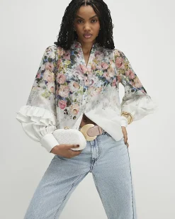 White Floral Ruffle Sleeve Blouse