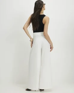 White Foldover Waistband Wide Leg Trousers