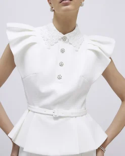 White Frill Sleeve Diamante Peplum Top