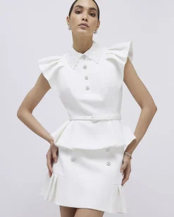 White Frill Sleeve Diamante Peplum Top