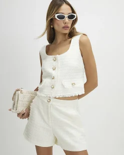 White Fringe Hem Boucle Waistcoat