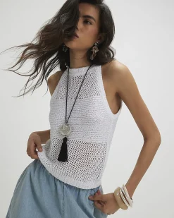 White Knitted Cotton Blend Sequin Vest Top