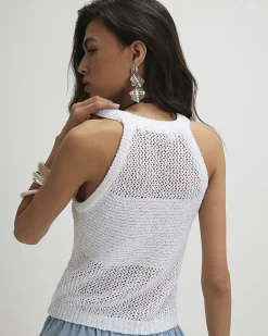White Knitted Cotton Blend Sequin Vest Top