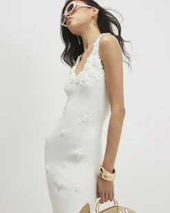 White Knitted Embroidered Flower Midi Dress