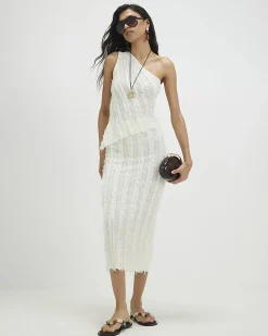 White Knitted Fringed Midi Skirt