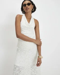 White Lace Halter Cowl Neck Top