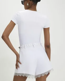 White Lace Trim Stud Belt Shorts