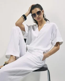 White Linen Blend Boxy Short Sleeve Shirt