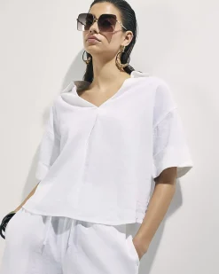 White Linen Blend Boxy Short Sleeve Shirt