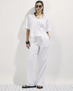 White Linen Blend Boxy Short Sleeve Shirt