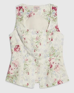 White Linen Blend Floral Printed Waistcoat