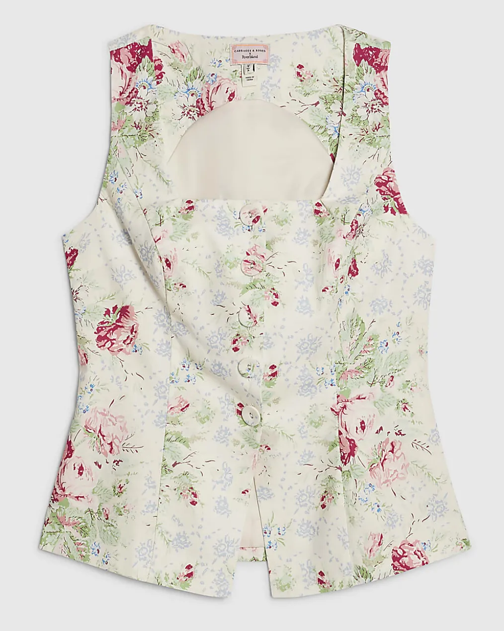 White Linen Blend Floral Printed Waistcoat