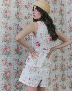 White Linen Blend Floral Printed Waistcoat