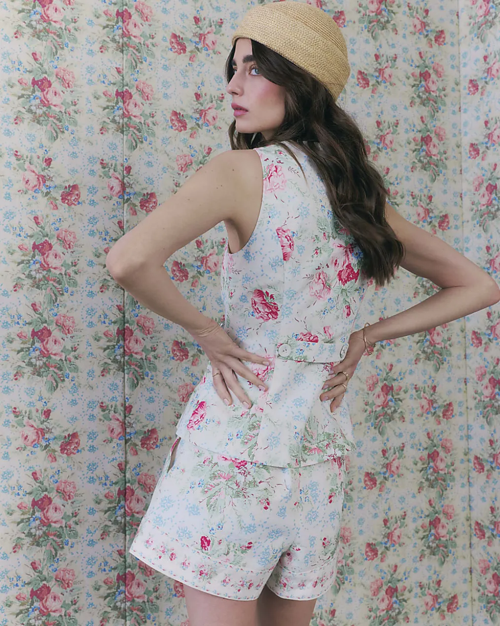 White Linen Blend Floral Printed Waistcoat