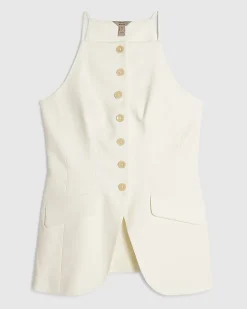 White Linen Blend Longline Waistcoat
