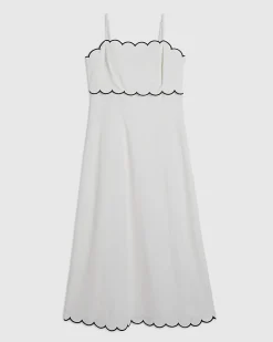 White Linen Blend Scallop Trim Midi Dress